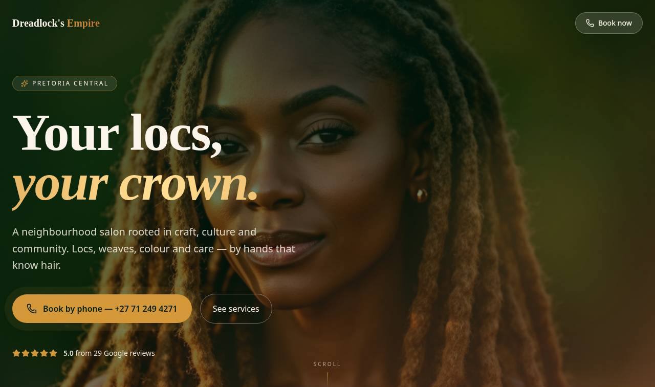 Screenshot of the Dreadlock's Empire salon website built by Nhluvuko Tech
