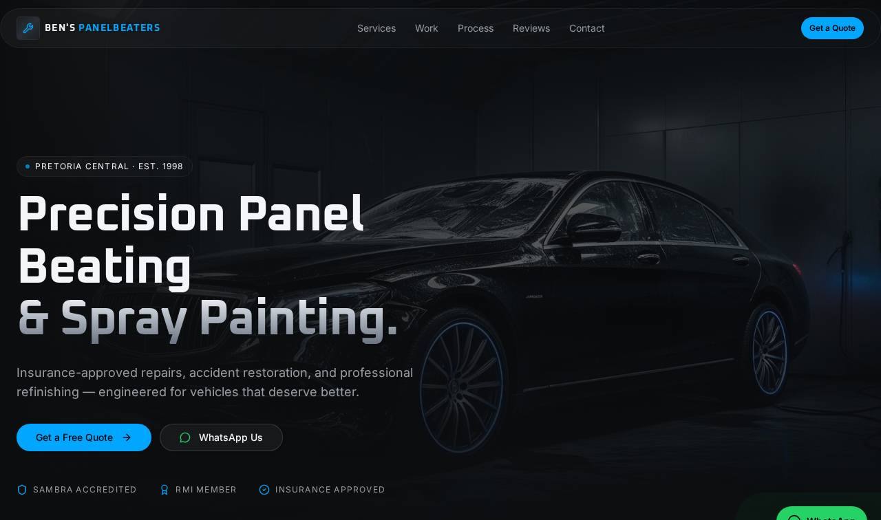 Screenshot of the Ben's Panelbeaters automotive website built by Nhluvuko Tech